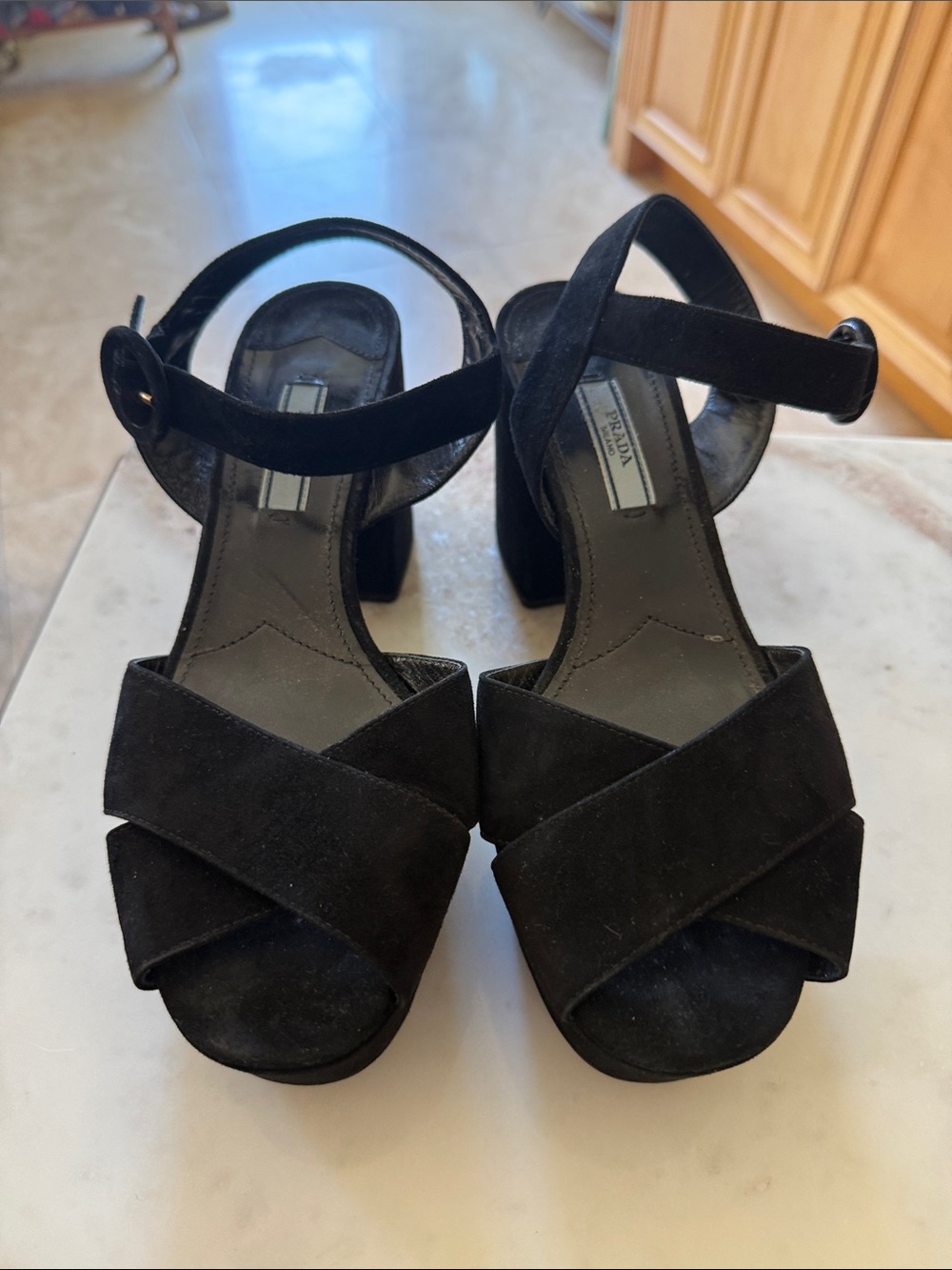 Prada Black Suede Crisscross Block Heel Sandals with Ankle Strap